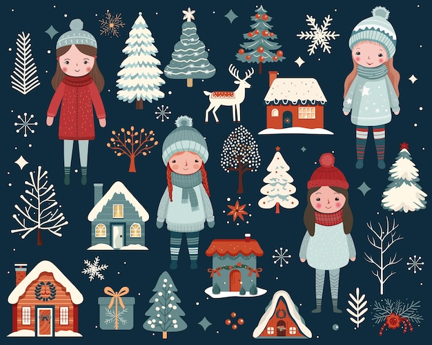 Conjunto de elementos navideños dibujados a mano Chicas lindas árboles casas Ilustración de vector de invierno