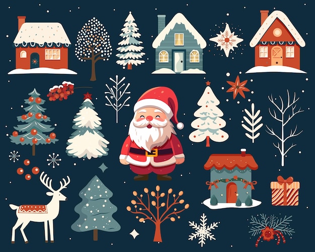 Conjunto de elementos navideños dibujados a mano Ilustración navideña escandinava linda casa árboles ciervos santa claus