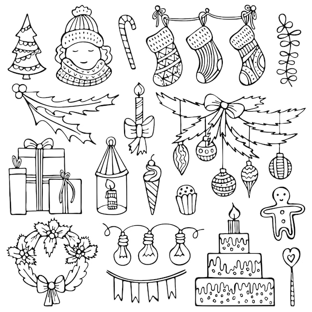 Conjunto de elementos navideños dibujados a mano