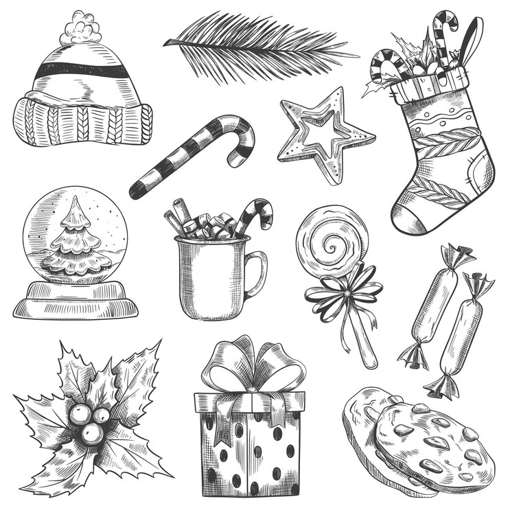 Conjunto de elementos navideños Estilo de dibujo