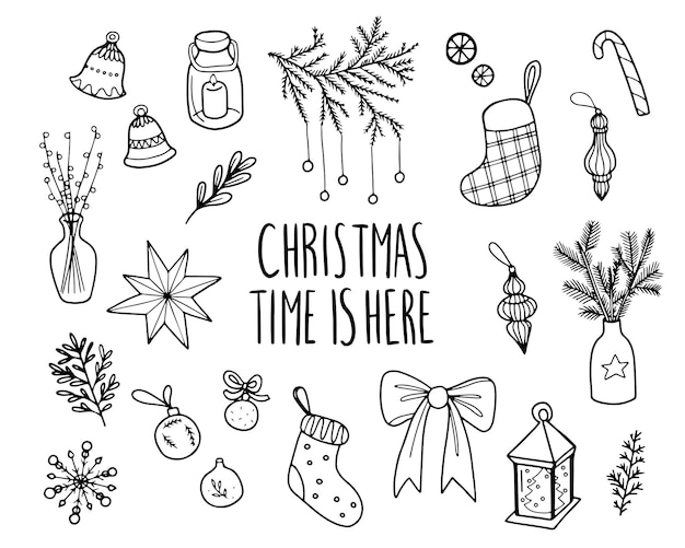 Conjunto de elementos navideños de estilo doodle dibujados a mano colección de regalos, adornos y decoración