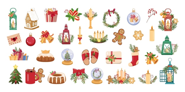 Conjunto de elementos navideños en estilo plano con decoraciones festivas regalos e íconos navideños