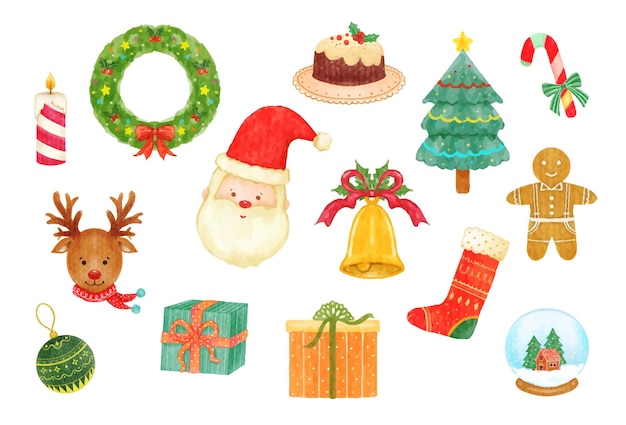 Conjunto de elementos navideños ilustración vectorial de acuarela