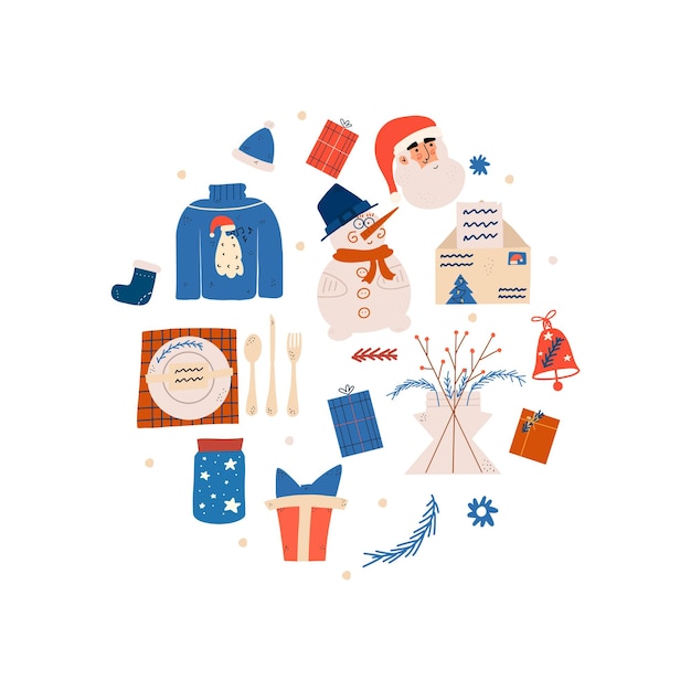 Conjunto de elementos navideños con santa claus regalo calcetín suéter feo campana ilustración vectorial