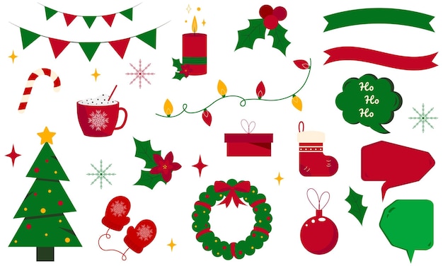 Conjunto de elementos navideños tradicionales. Árbol de Navidad, cinta, bocadillo, taza con bebida caliente, corona.