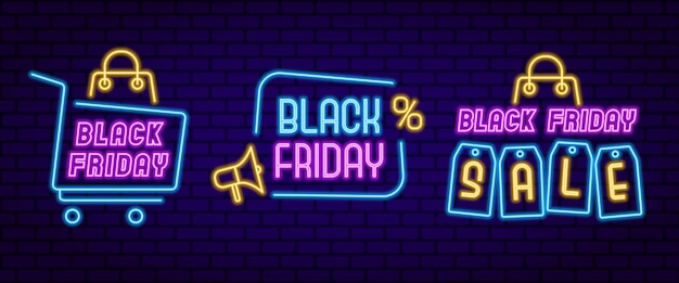 Conjunto de elementos de neón para el Viernes Negro Ilustración vectorial para crear ventas