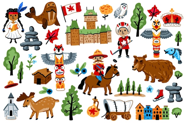 Conjunto de elementos norteamericanos Símbolos de Canadá Animales de la naturaleza Personajes