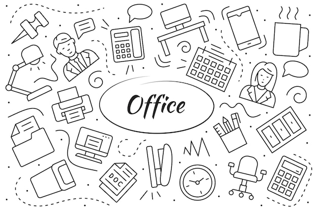 Conjunto de elementos y objetos de espacio de trabajo de oficina. Ilustración de línea de vector simple.