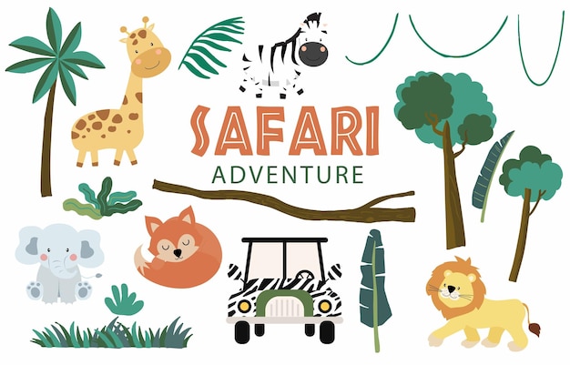 Conjunto de elementos de objetos de safari con automóvil de animales y árbol