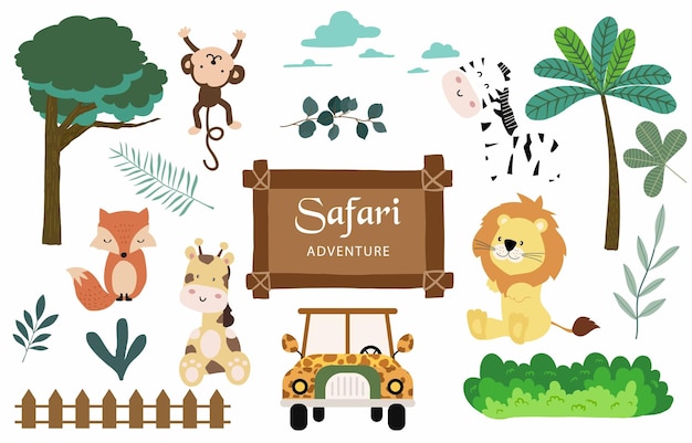 Conjunto de elementos de objetos de safari con automóvil de animales y árbol