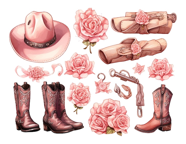 Vector conjunto de elementos occidentales de acuarela aislados sobre un fondo blanco sombrero de vaquero bota wicket rodeo oeste salvaje color pastel