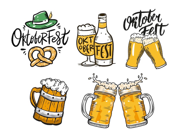 Vector conjunto de elementos de oktoberfest. cerveza, jarras y botella. ilustración vectorial aislado