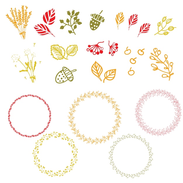 Conjunto de elementos de otoño y coronas. Ilustración vectorial