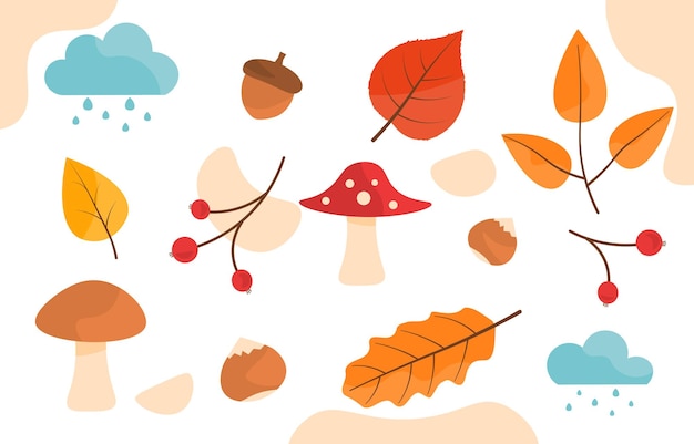 Conjunto de elementos de otoño Hojas de naranja y ramas con setas de frutos rojos Objetos de temporada de otoño Nubes con lluvia Colección de vectores planos de dibujos animados aislados en fondo blanco