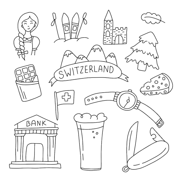 Conjunto de elementos del país de Suiza en estilo doodle Vector aislado en fondo blanco