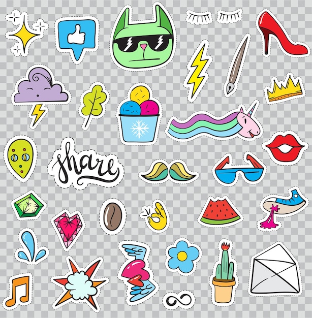 Conjunto de elementos de parches como flor, corazón, corona, nube, labios, correo, diamante, ojos. Vector dibujado a mano. Linda colección de pegatinas de moda. Insignias y pines del bosquejo del arte pop del Doodle.