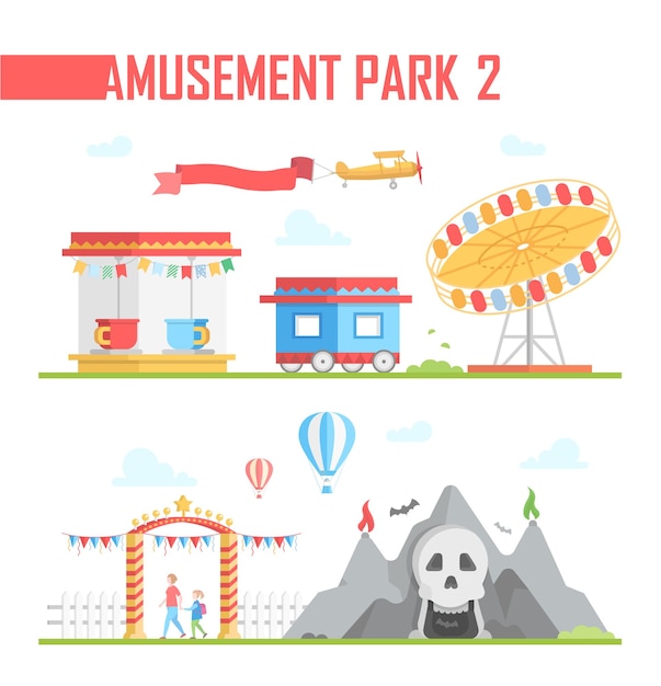 Conjunto de elementos del parque de atracciones - ilustración vectorial moderna sobre fondo blanco. Espectáculo de terror, taquilla, carrusel, avión, entrada, atracción. Concepto de entretenimiento