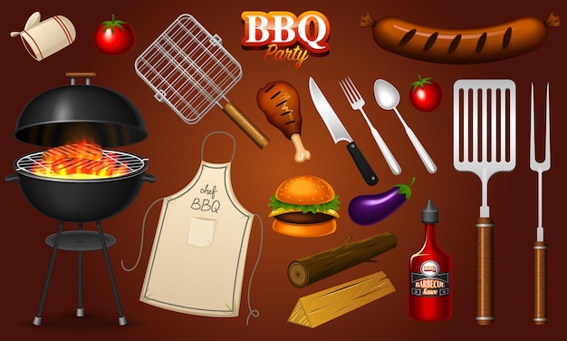 Conjunto de elementos de parrilla de barbacoa aislado sobre fondo rojo Cartel de fiesta de barbacoa Horario de verano Restaurante de carne