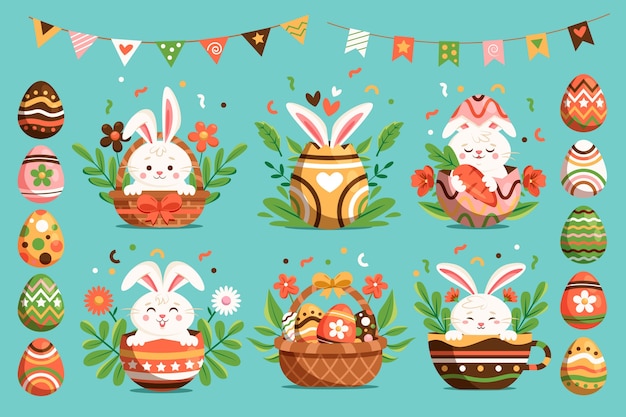 Conjunto de elementos de Pascua en estilo plano