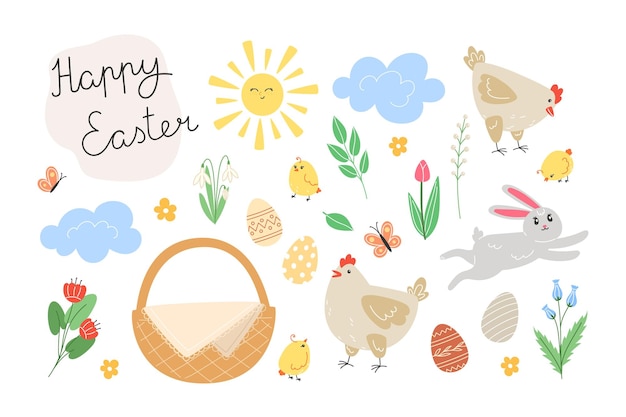 Conjunto de elementos de Pascua con gallinas, huevos pintados y flores de primavera al estilo de las caricaturas