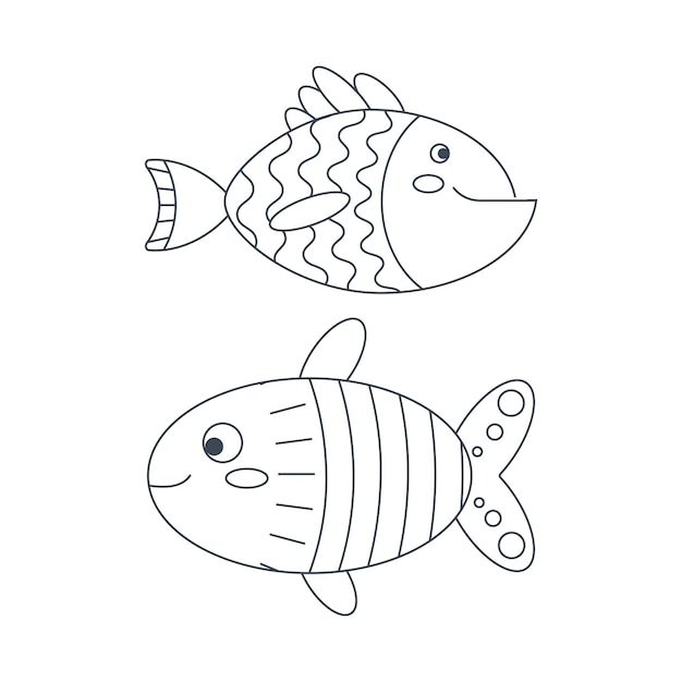 Vector conjunto de elementos de peces marinos en estilo de dibujos animados planos arte de línea