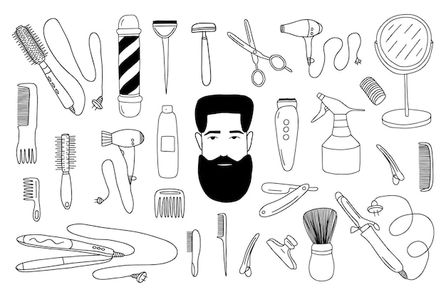 Conjunto de elementos de peluquería vectorial de garabatos aislados Pegatinas de peluquería y peluquería dibujadas a mano sobre fondo blanco