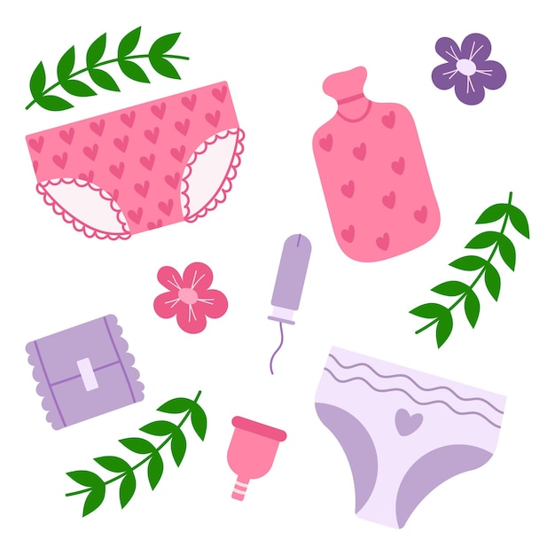 Conjunto de elementos durante el período femenino Camisetas menstruales cómodas toallas higiénicas tampones