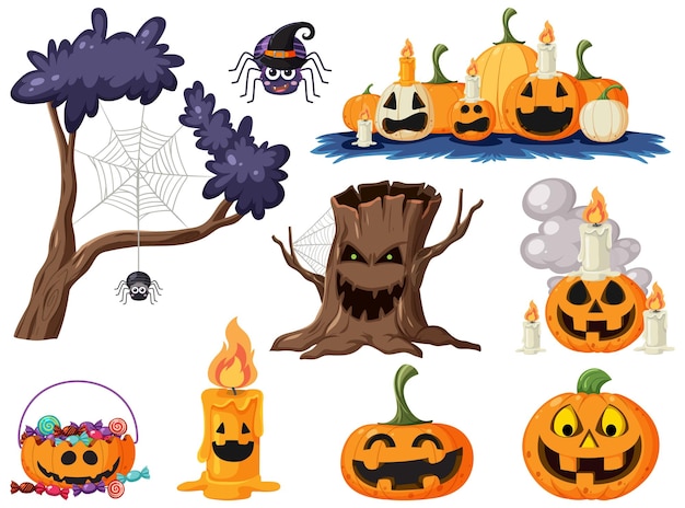 Conjunto de elementos y personajes de dibujos animados de halloween