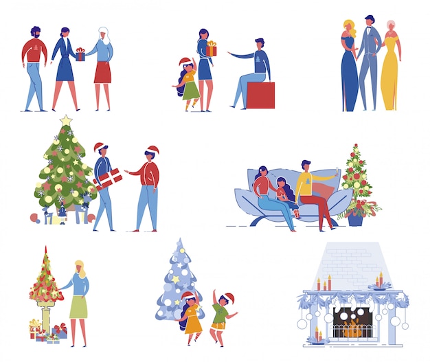 Conjunto de elementos y personas de Navidad