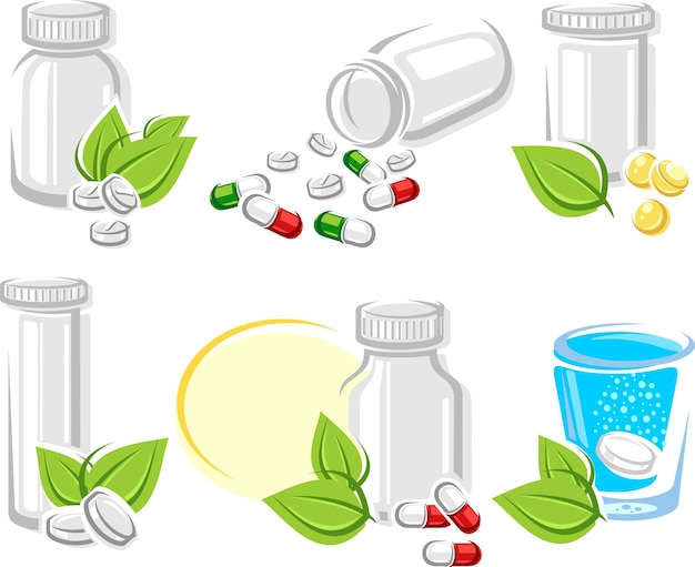 Conjunto de elementos de píldoras y cápsulas vectores