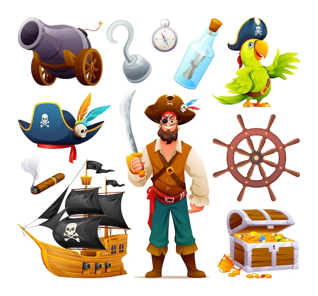 Conjunto de elementos piratas ilustración de dibujos animados personaje pirata pájaro y cofre del tesoro