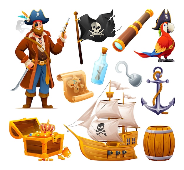 Conjunto de elementos piratas ilustración de dibujos animados vectoriales Cofre del tesoro de personaje pirata y barco