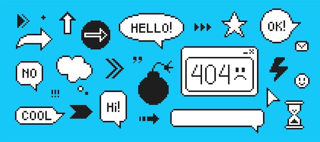 Conjunto de elementos de pixel art al estilo de los años 90 Cajas de mensajes y elementos de interfaz de usuario emergentes