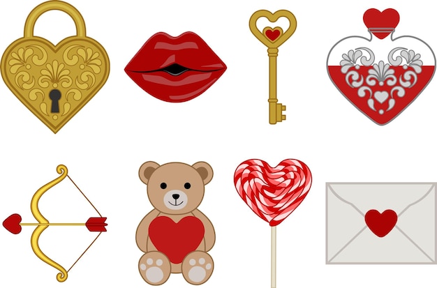 conjunto de elementos planos y símbolos del día de San Valentín