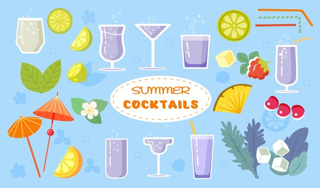 Conjunto de elementos planos de verano 8 vasos lima limón naranja ananas hoja flor cereza icevector
