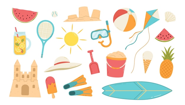 Conjunto de elementos de playa de verano Ilustración de vector aislado plano