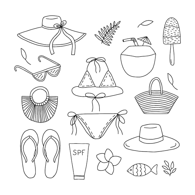 Conjunto de elementos de playa de verano de vector Conjunto de elementos de verano dibujados a mano de Doodle