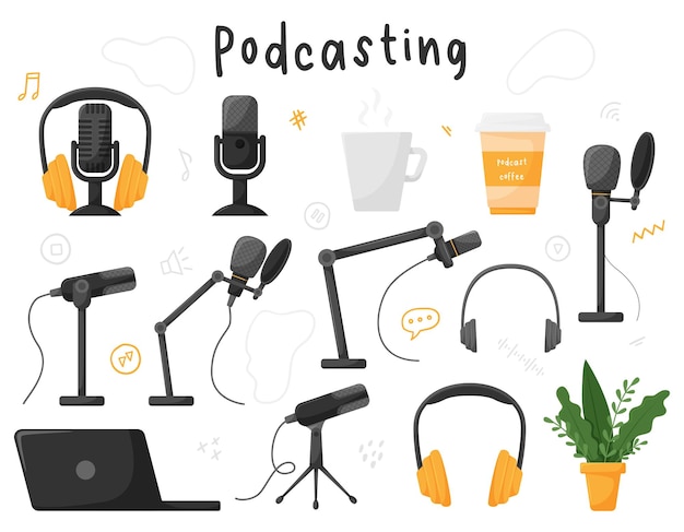 Vector un conjunto de elementos para podcasting blogs micrófono auriculares taza de café micrófono en el mostrador ilustraciones vectoriales en un estilo de dibujos animados planos aislados en un fondo blanco