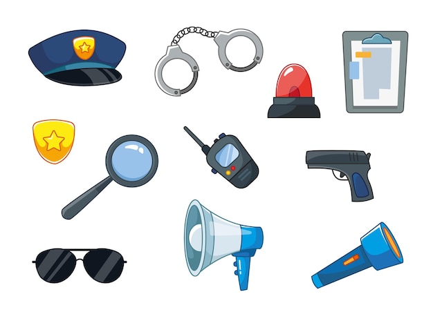 Un conjunto de elementos de policía o sheriff Policía Clipart Cap pistola esposas walkietalkie sirena y Vector