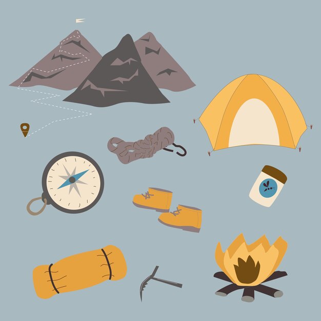 Un conjunto de elementos para practicar senderismo en la montaña.