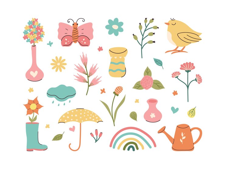Conjunto de elementos de primavera para decoraciones dibujadas a mano jarrones arco iris de pájaro paraguas en flores de estilo doodle
