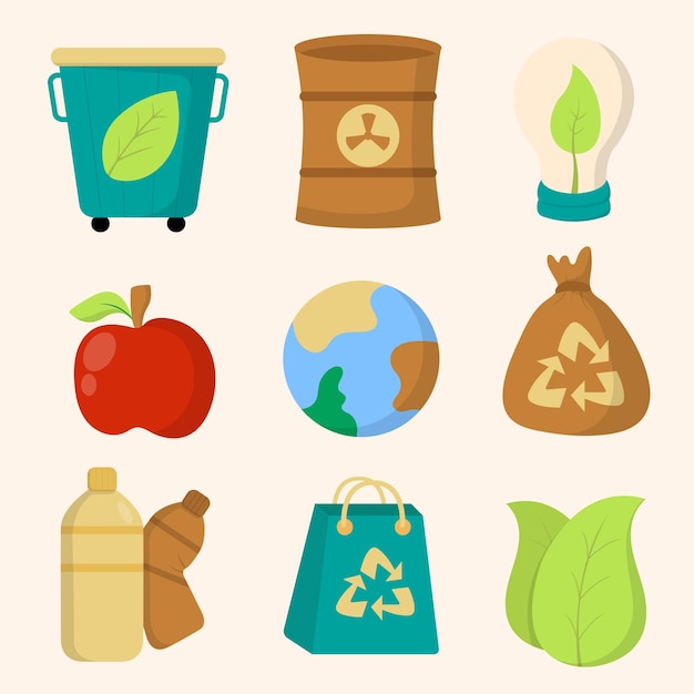 Vector conjunto de elementos del producto de reciclaje para la conservación del medio ambiente dibujo de objetos aislados en la ilustración de vectores de fondo