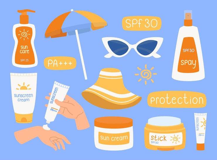 Vector un conjunto de elementos de protección contra el sol ilustración vectorial plana aislada
