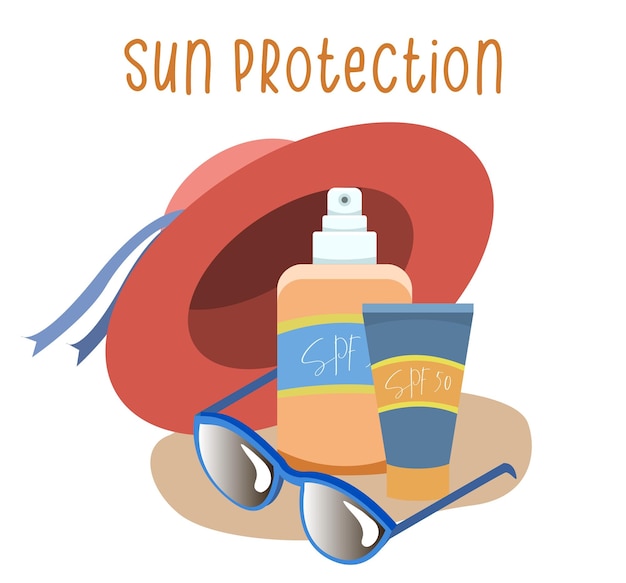 Vector conjunto de elementos de protección solar de sombrero rojo, protectores solares y gafas de sol, aislado sobre fondo blanco.