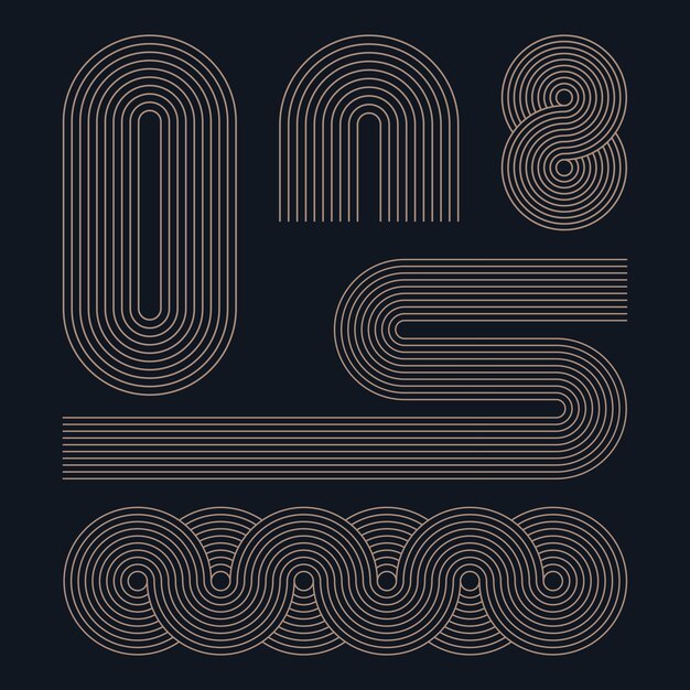 Conjunto de elementos de rayas geométricas diseño de forma de arte de línea en fondo oscuro Ilustración plana vectorial