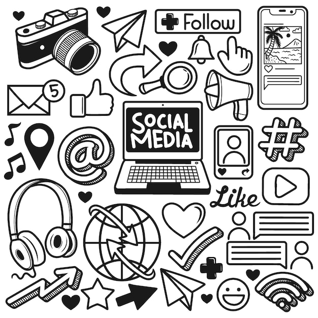 Vector conjunto de elementos de redes sociales doodle dibujado a mano