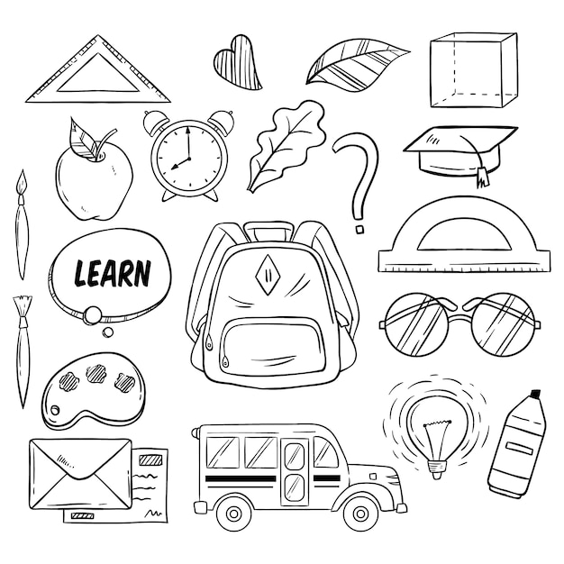 Conjunto de elementos de regreso a la escuela con estilo dibujado a mano o Doodle