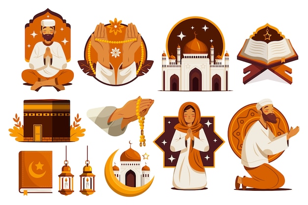 Conjunto de elementos de religión islámica planos dibujados a mano