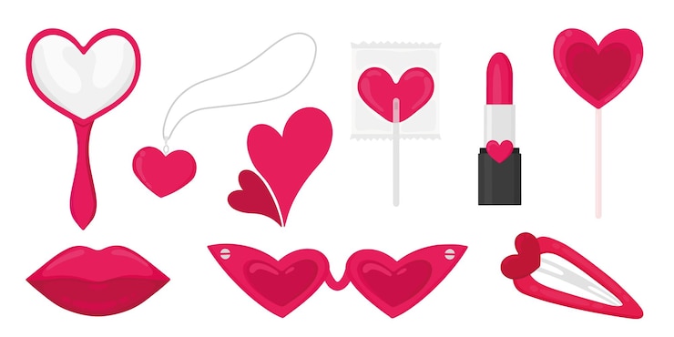 Vector conjunto de elementos rosados para chicas, elementos rosados en forma de corazón.