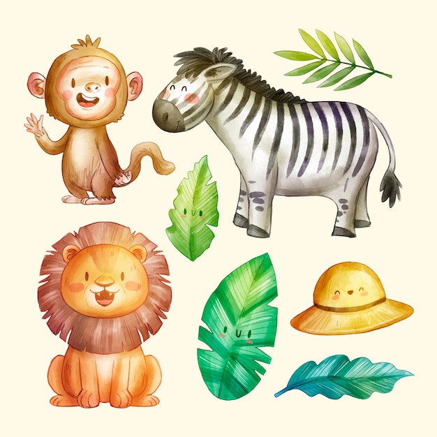 Vector conjunto de elementos de safari en acuarela